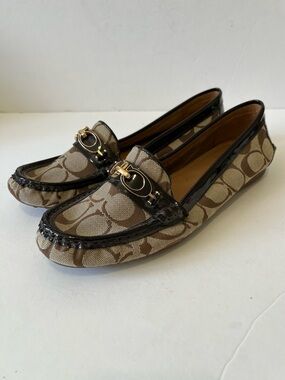 Coach Brown Signature Canvas Gold Logo Driving Loafers Size 7.5B
